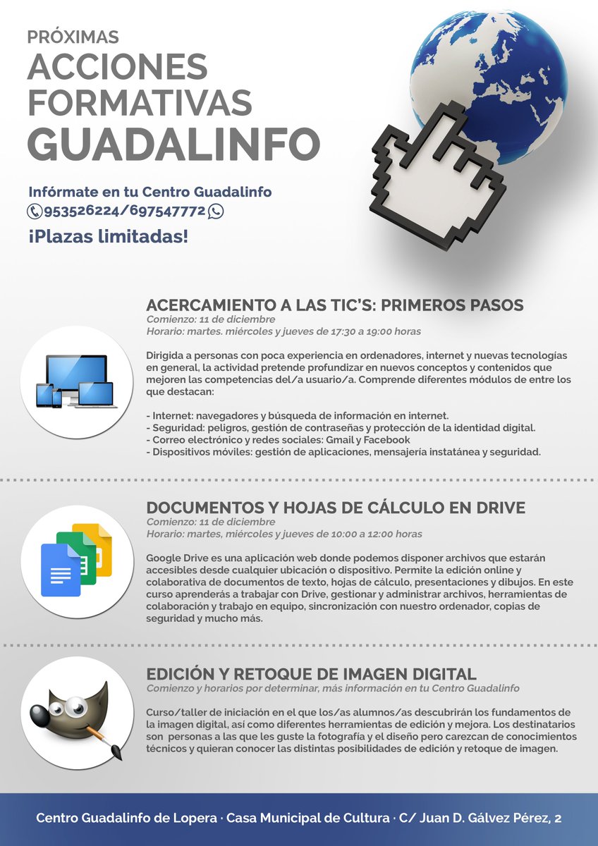 Comenzamos nuevos talleres... ¿Te apuntas? <a href="/RedGuadalinfo/">Vuela Guadalinfo</a> #15añosContigo #Lopera