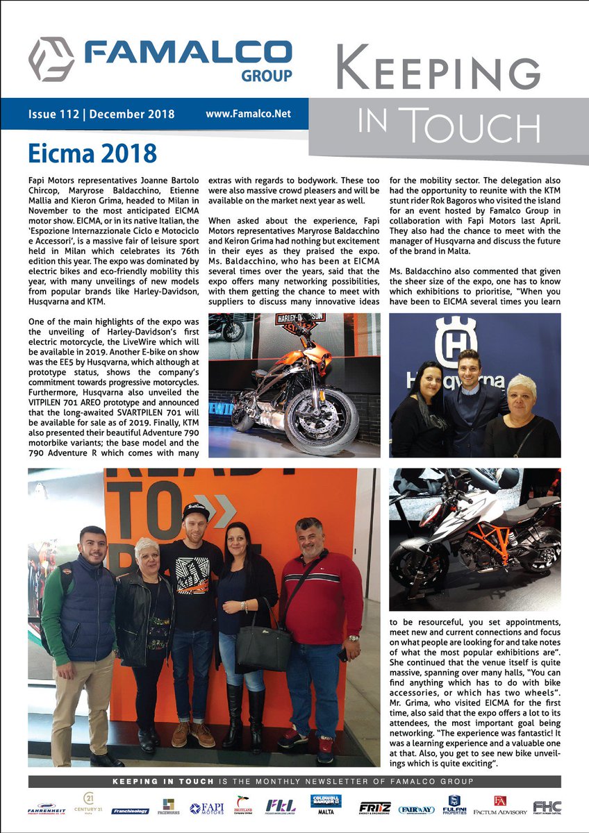 Famalco's tweet photo. EICMA 2018❗
FAMALCO Newsletter 
December | Issue 112
Harley-Davidson Malta Husqvarna Motorcycles Malta #FapiMotors #ElectricMotorCycle #LiveWire ##Ebike #SVARTPILEN KTM Malta
Read at 🌍  https://t.co/DR0KkEZLpf https://t.co/amjYiMhs2C