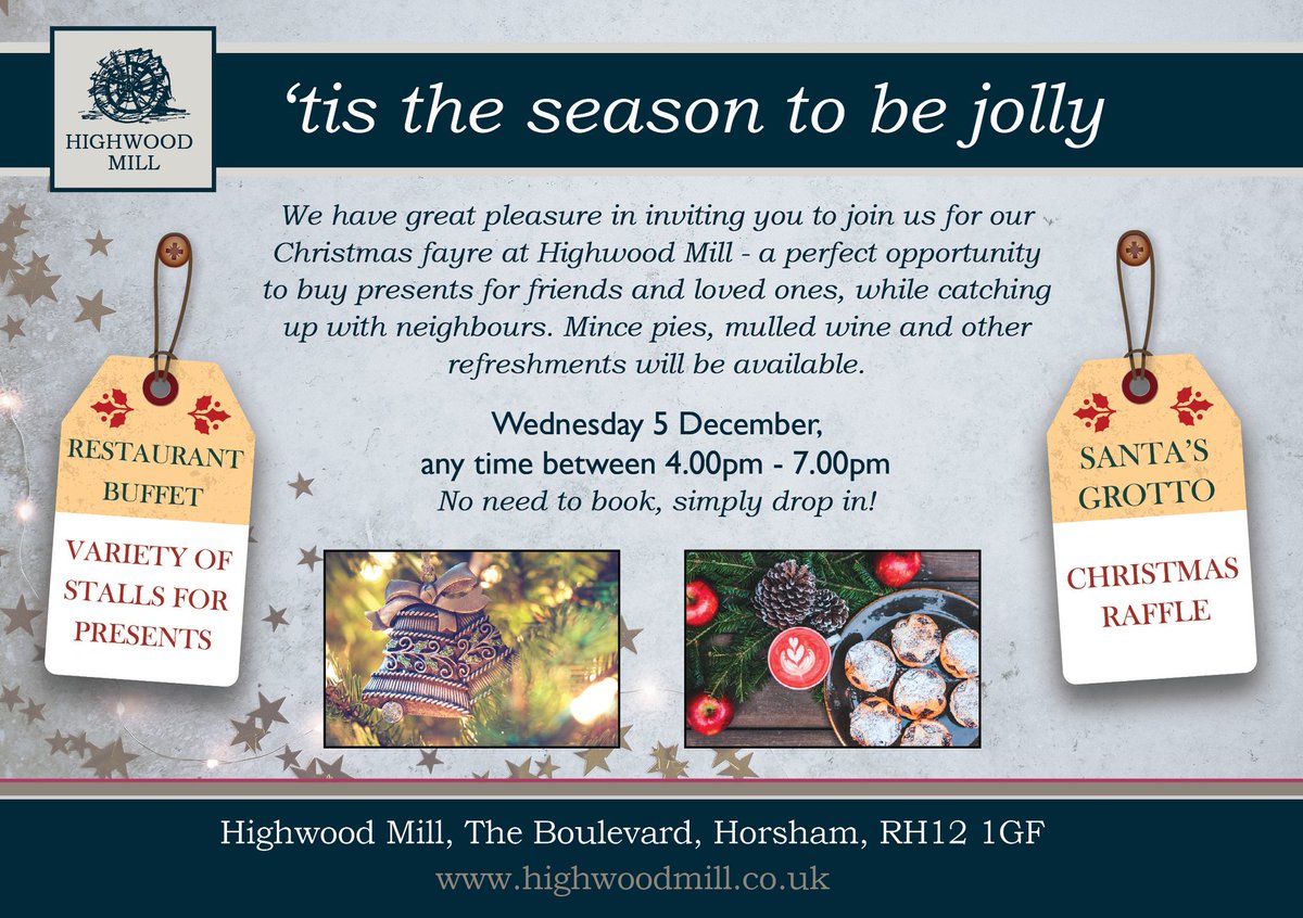 HighwoodMill's tweet photo. Don't forget that #HighwoodMill will be holding their Christmas fayre tomorrow evening between 4pm and 7pm. Come along for a spot of Christmas shopping and enjoy a mince pie and glass of mulled wine, among other available refreshments. https://t.co/I3YxssCcWE