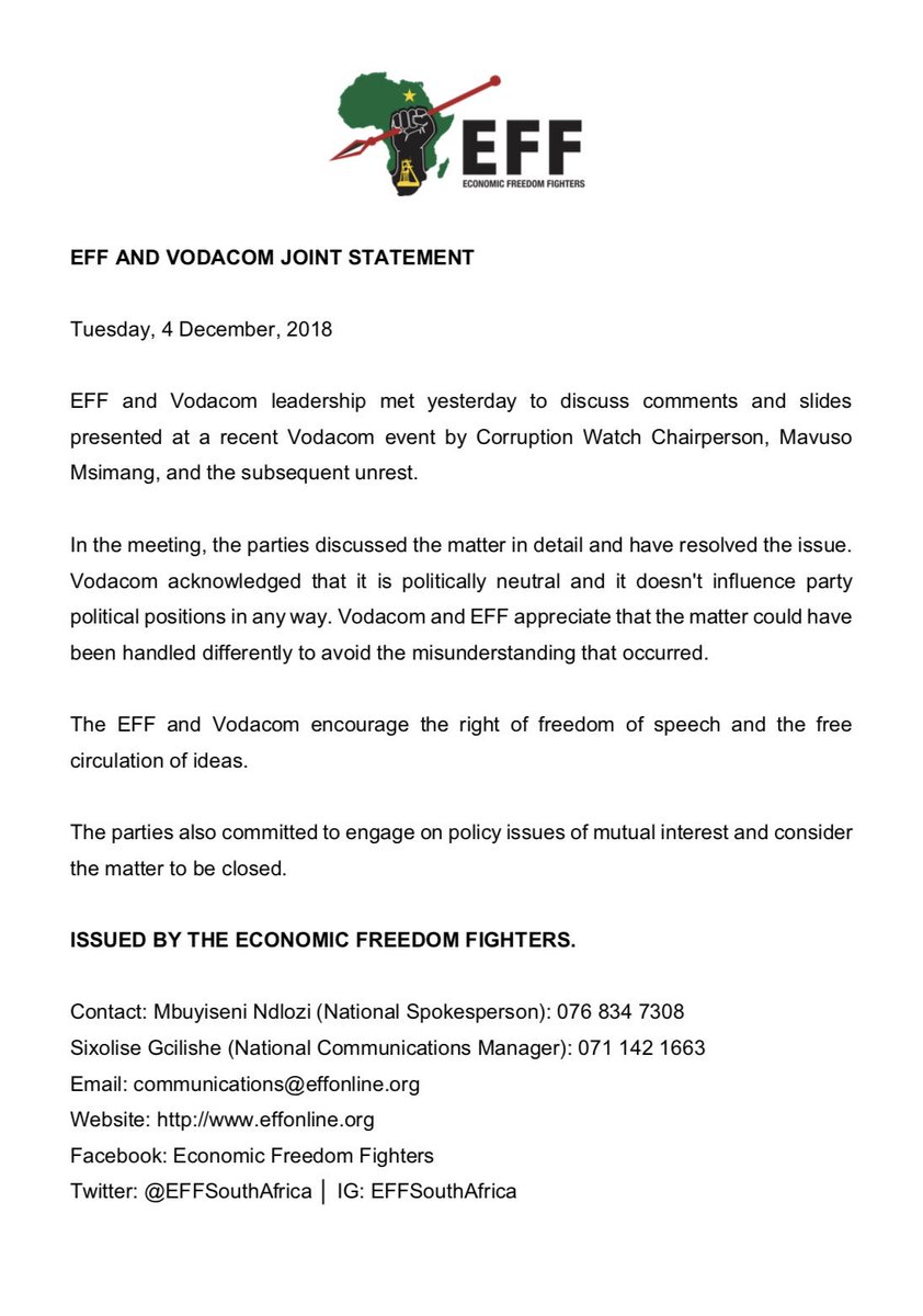 EFFSouthAfrica's tweet photo. EFF and Vodacom Joint Statement https://t.co/wST9tAZQbT