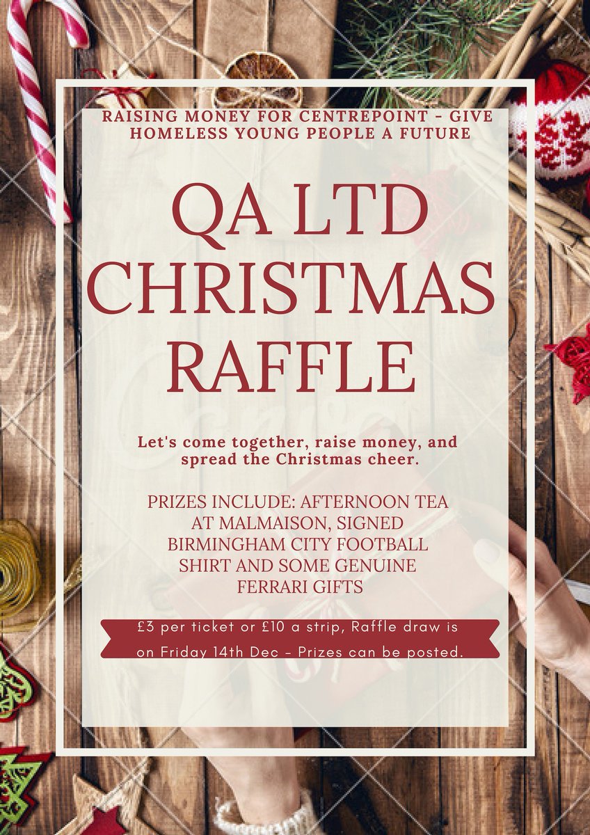 ltd_qa's tweet photo. Its that time, the Christmas raffle is here, a chance to raise some more money for Centrepoint we have some great prizes up for grabs. Its £3 per ticket or £10 per strip. Please like and Share. Look forward to hearing from you all. #qa #raffle #christmas #centrepoint #birmingham https://t.co/JdS3A8oTt3