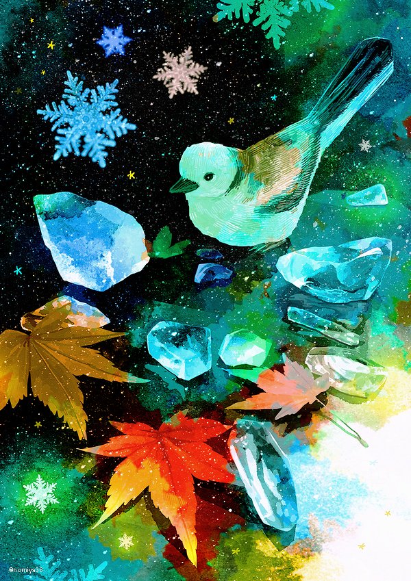 bird no humans snowflakes leaf traditional media ice painting (medium)  illustration images