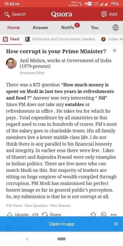 EshaanSG's tweet photo. This answer on Quora to ‘How corrupt is your Prome Minister?’
I guess @narendramodi is still doing good by his words ‘ना खाऊँगा, ना खाने दुँगा’
🙏🏻🙏🏻🙌🏻
#PopularPM https://t.co/d0hhvUrCof