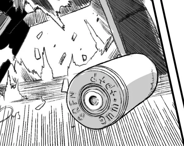 これは超絶余談なんですが、落下している薬莢の刻印は「GRFN 9mm +P+P」で、戦術人形用の強装弾（トリプルチャージの9mmパラベラム弾）という妄想で描いてました。一般人が拾ったらチャージングハンドル引けないとか、そういうのい… 