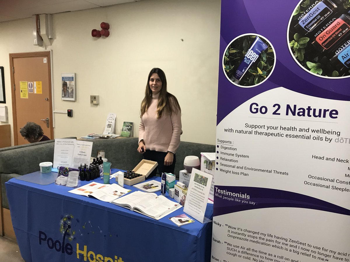 UHDcharity's tweet photo. Nicky is here today in our main corridor from @DropNatural supporting #PHES18 and talking to visitors all about her natural therapeutic essential oils. #health #wellbeing @Poole_Hospital https://t.co/O2Y6y5p2zr