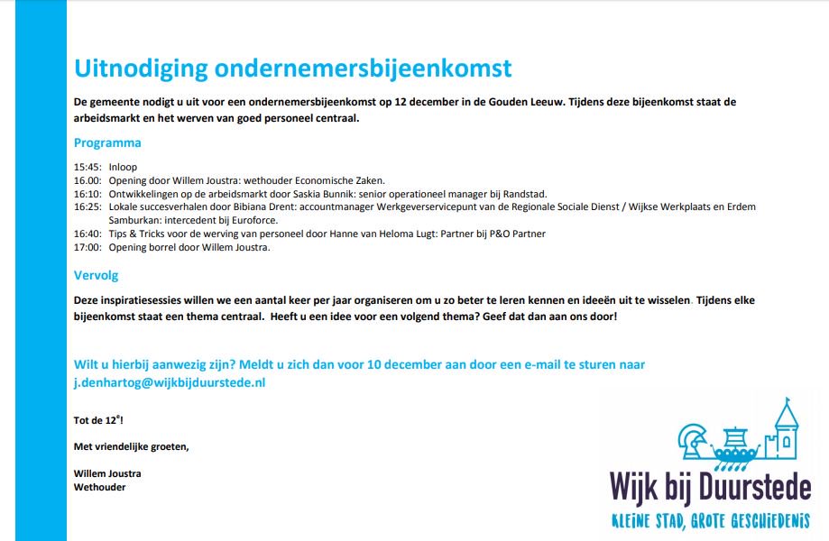 okwwbd's tweet photo. De gemeente @GemWbDuurstede nodigt ondernemers uit voor een ondernemersbijeenkomst op 12 december in de Gouden Leeuw. Tijdens deze bijeenkomst staat de arbeidsmarkt en het werven van goed personeel centraal. Ben je erbij? Meld je dan aan! https://t.co/EMYo1yNlOJ