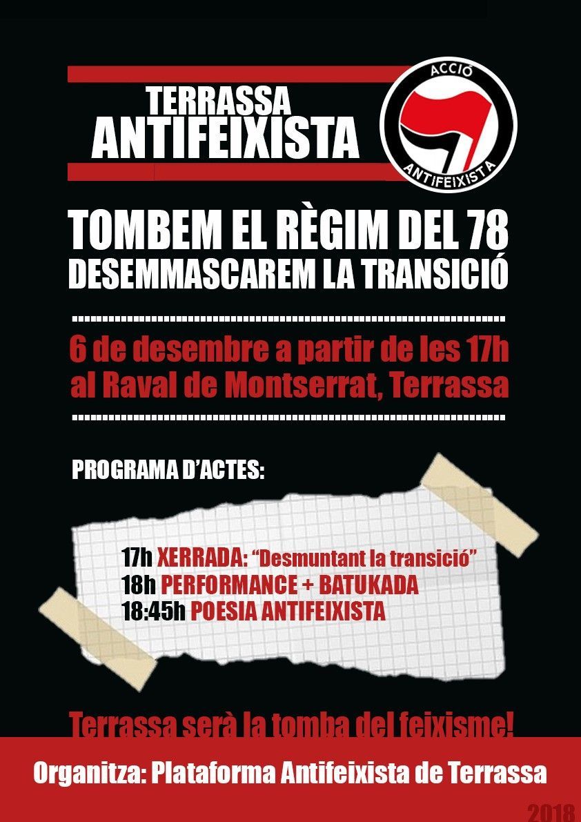 cdrtrscentre's tweet photo. Tombem el "règim del 78", desemmascarem la "transició"!

Dijous #6D realitzarem una jornada per denunciar la farsa de la transició i la constitució que en va sorgir.

Els actes començaran a les 17h al Raval d Montserrat de #Terrassa.

Tombem el #RegimDel78
Tombem el #Feixisme https://t.co/fzKrXHmjel