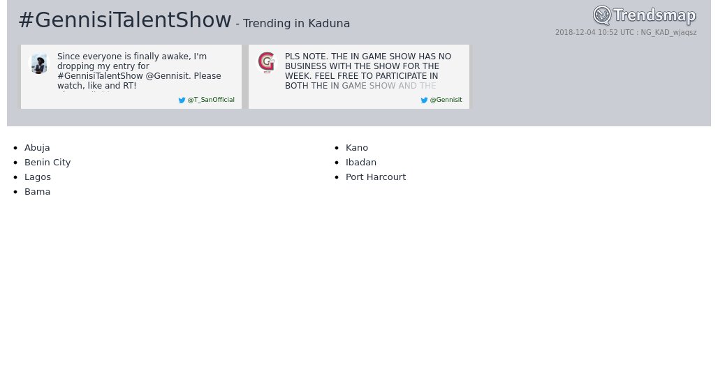 TrendsKaduna's tweet photo. #gennisitalentshow is now trending in #Kaduna

https://t.co/lUBXfld7rT https://t.co/5XZBLbxPep