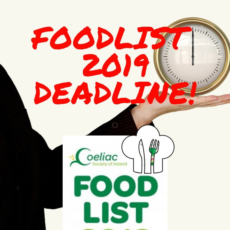 Calling all #Glutenfree manufacturers! Lunchtime today is the deadline for entry into the 2019 Food List. If you haven't submitted your details please email foodmanager@coeliac.ie or call 01 872 1471. 🍽️