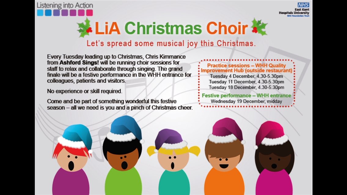 ClareJHardwick's tweet photo. Don’t forget to come along to the LiA WHH  Christmas Choir today at 4.30 in the Hub. @ShutlerLiz @SusanAcott @LiAJourney @TherapiesEKHUFT @EKHUFT https://t.co/RF7z64X0j2