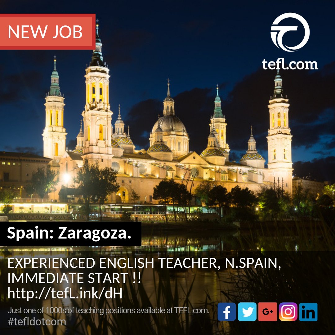 tefldotcom's tweet photo. #Spain : #Zaragoza . EXPERIENCED ENGLISH #TEACHER, N.SPAIN, IMMEDIATE START !!
https://t.co/jyo3wS5lSt
#tefldotcom #tefl #jobs #teach https://t.co/qv9FnGzYIS