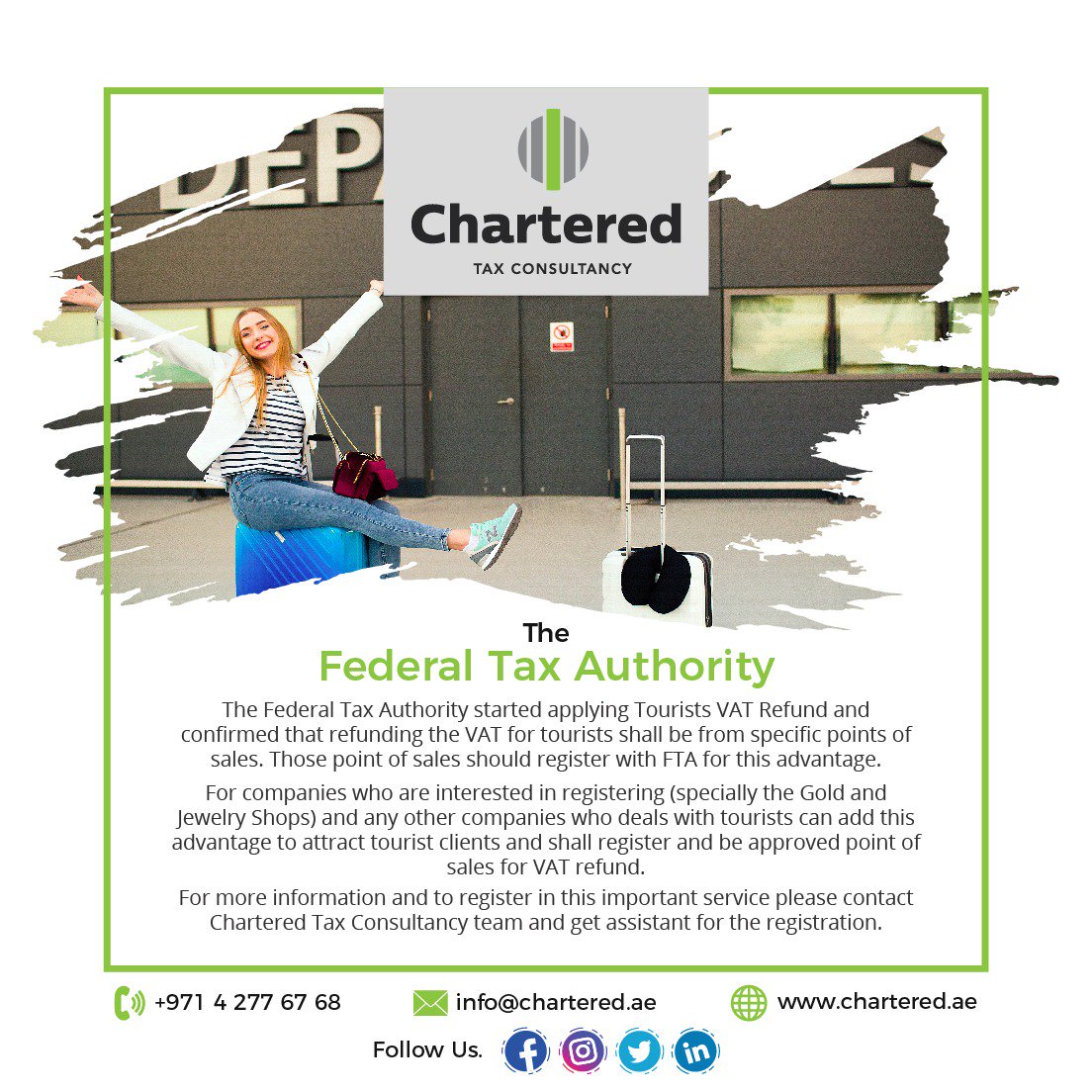 Get registered and be approved point of sales for #VATrefund to attract more #tourists to your business.

For more information &amp; registration call #CharteredTaxConsultancy 

04 277 6768
054 582 4042
054 582 4048

#TouristsVATRefund #Dubai7s #UAE #CharteredAccountants #retailers