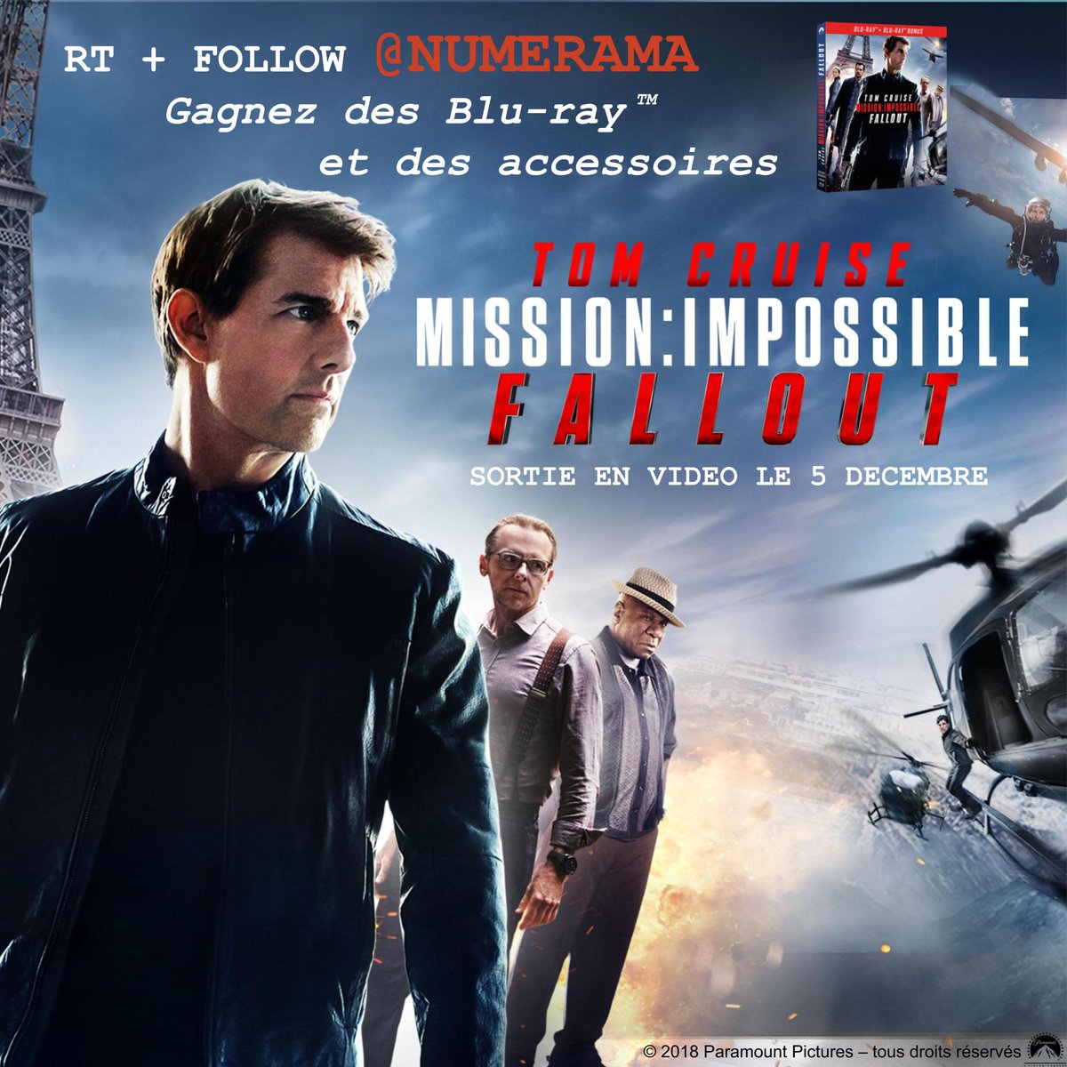 Numerama's tweet photo. 🎁 #Concours ! 🎁

💥 A gagner : 5 Blu-ray du film #MissionImpossible Fallout, dispo dès demain en vidéo 😎

🔸 RT + follow @Numerama 🔸

Le 1er aura même droit à un super lot avec sac à dos, support smartphone et écouteurs 👌

Vous avez jusqu'au 11/12 pour participer ! 🍀 https://t.co/BiLEqIAmRb