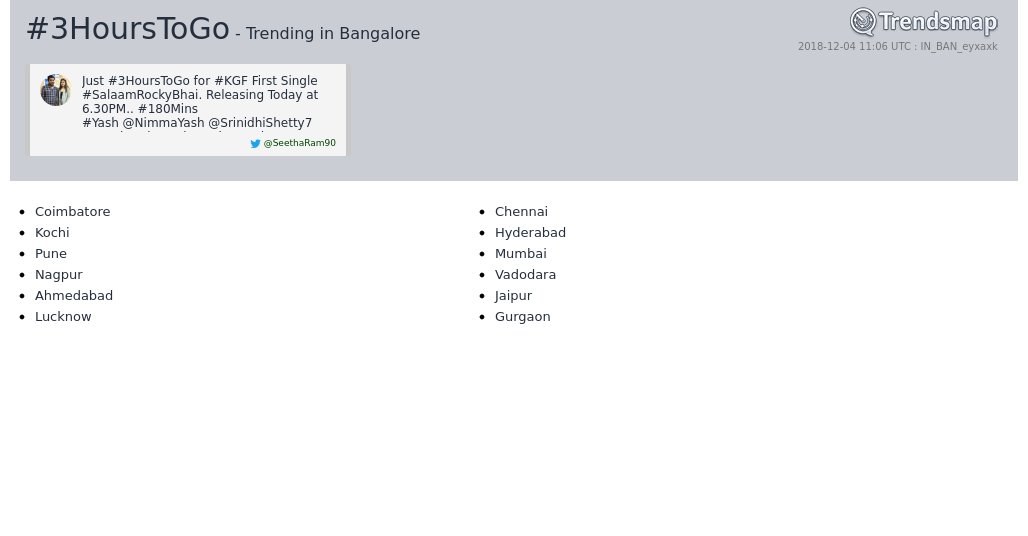 #3hourstogo is now trending in #Bangalore

trendsmap.com/r/IN_BAN_eyxaxk