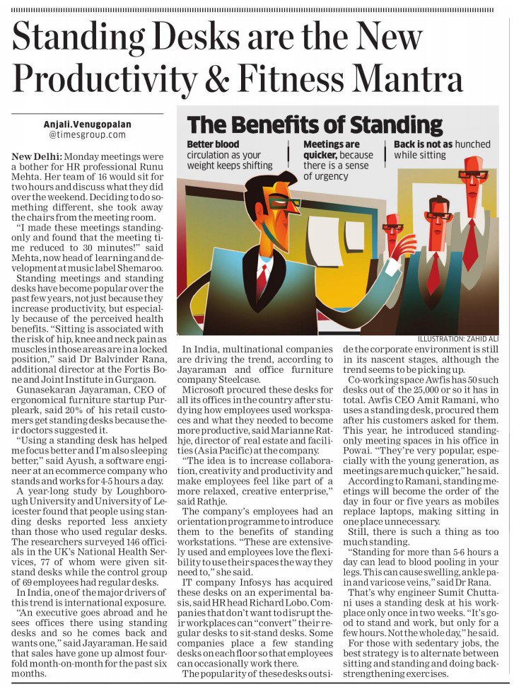myawfis's tweet photo. Our initiative #HumFitTohAwfisFit goes beyond offering healthy food options &amp; workout sessions in #office. We’re also trying out standing desks and standing meeting spaces at some centres. Read more about it in this @EconomicTimes feature by @anjalivenu - https://t.co/PfM5iY9t36 https://t.co/5anGxSQNWT
