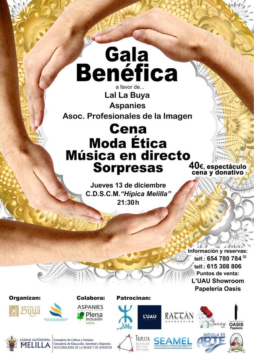 MelillaArte's tweet photo. Buenos días, aportamos nuestro granito de arena en la Cena- Gala Benéfica en favor de @plenamelilla Organizan: @lallabuya_ofic y Asociación de Profesionales de la Imagen de Melilla. Por tan solo 40€, puedes pasar una noche fantástica, con buena música y buena comida 🙂 https://t.co/wT2Hi6WD79