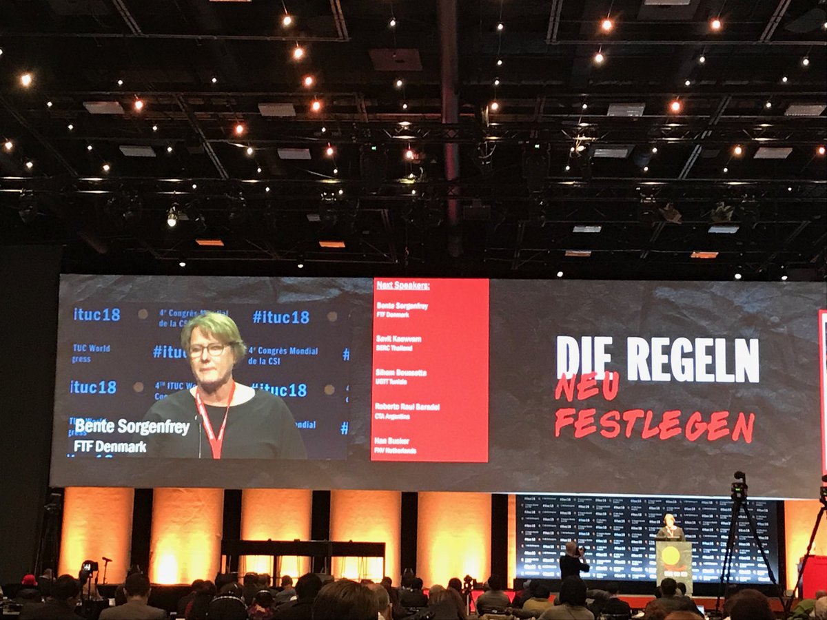 GreteGc's tweet image. Anstændige job og kampen mod social dumping står vi sammen om i den internationale fagbevægelse! ⁦@bentesorgenfrey: vi støtter udtalelsen om Fred⁩, demokrati og rettigheder! ⁦@GuyRyder⁩ #ituc18