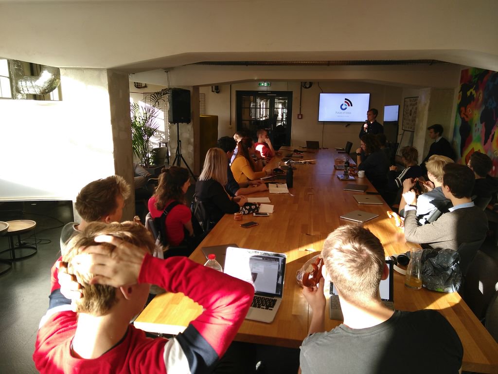 BenjaminBolland's tweet photo. Malte Kosub from Future of Voice speaking about the state and outlook of voice interfaces today at CODE University #industrytalks #code #CODEUniversity #voice #Alexandria #Berlin https://t.co/oJsBU4clWL