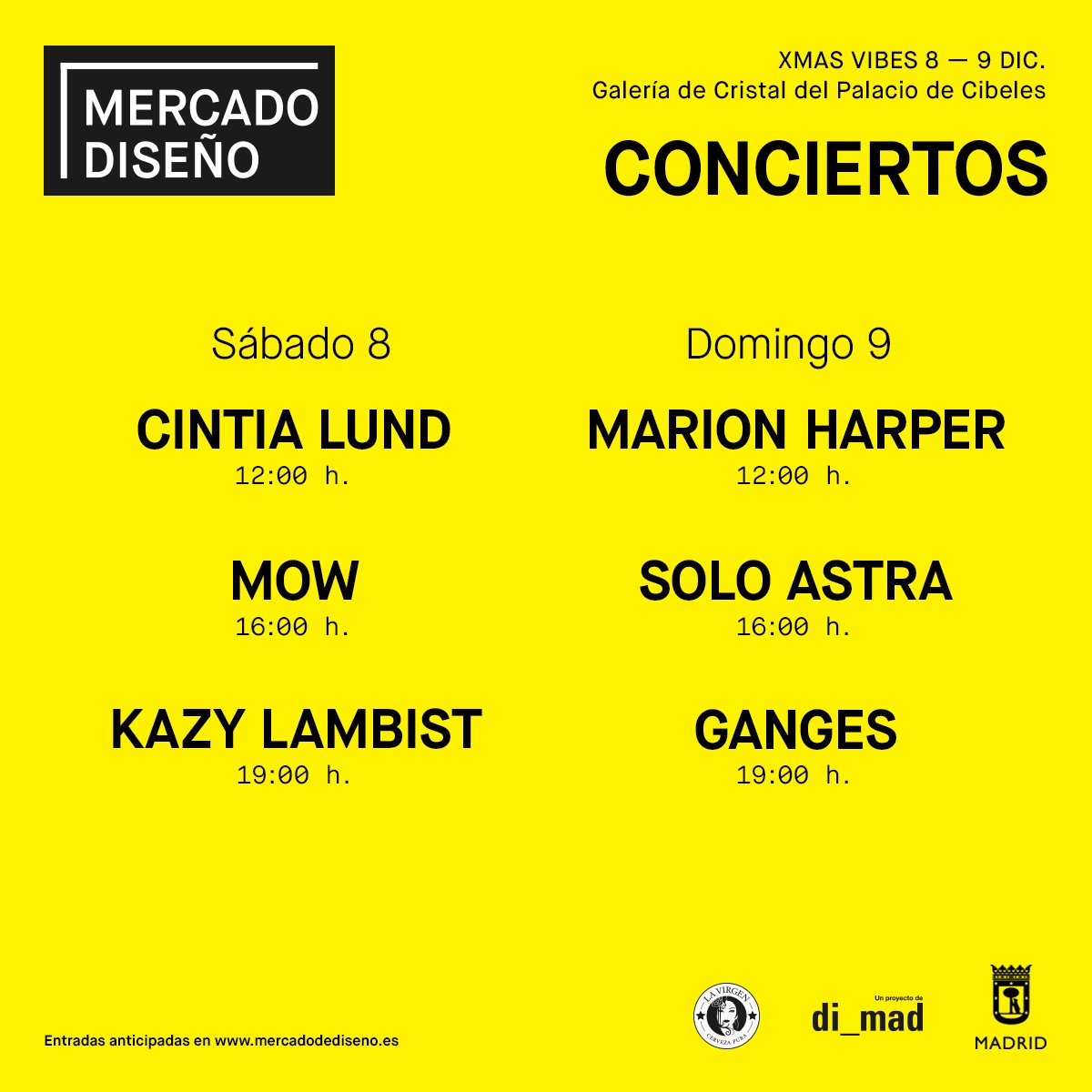 ESTE FINDE apúntate a la CITA  <a href="/MERCADODEDISEN/">Mercado de Diseño</a> #XmasVives 🎄en  #PalacioCristal 
Regalitos CHULOS para estas fiestas y la MUSIKITA 🎶
EN DIRECTO de
<a href="/CINTIALUND/">Cintia lund</a> <a href="/mow_woman/">MOW</a>
@gangesband @KazyLambist <a href="/MarionHarper_/">Marion Harper</a> y <a href="/soloastra/">Solo Astra</a>🤸🏻💃🏻🙌🏻
 ANTICIPADAS 🎫 ➡ 2€
mercadodediseno.es/tienda/