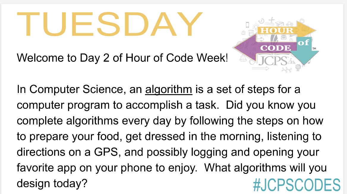 heatherwarrell's tweet image. What is an algorithm?  Do your students know? Do you? :) #HourofCode Week. #JCPSCodes YES. #KYGoDigital