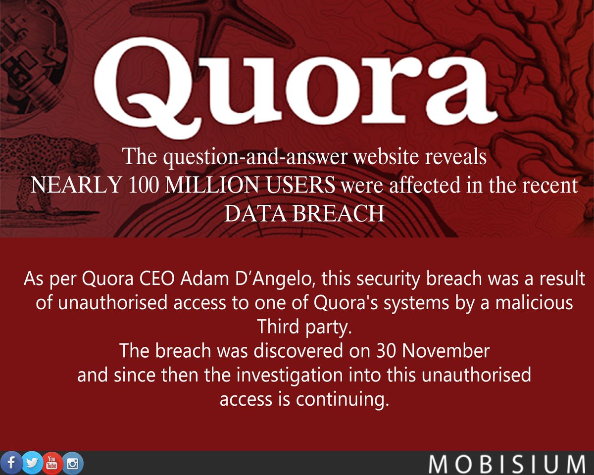mobisium's tweet photo. The Q&A website Quora reveals that 100 million users were affected in the recent data breach
#quora #quoradatareach #quorahacked #quorabreach #quorahack https://t.co/6NEQj7JUFq