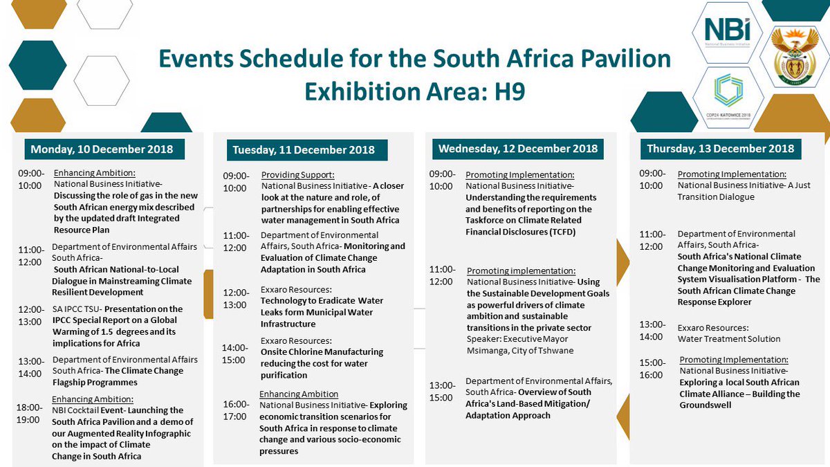 NBISA's tweet photo. Our #COP24 side events schedule is now available.         All events will be hosted at the South African Pavilion in Exhibition Area H, Pavilion no. 9.
⁦@environmentza⁩ ⁦⁦@WMBtweets⁩ ⁦@CDP⁩ ⁦⁦@environmentza⁩ #COP24Katowice #TakeYourSeat https://t.co/C9MfyjUg5q