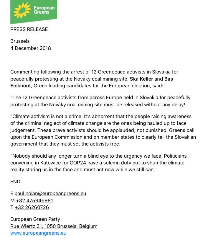 europeangreens's tweet photo. #PressRelease / Climate activism is not a crime
#ActivismIsNotACrime
#Novaky12
#EndCoal
#COP24 https://t.co/hpkJZUieYl