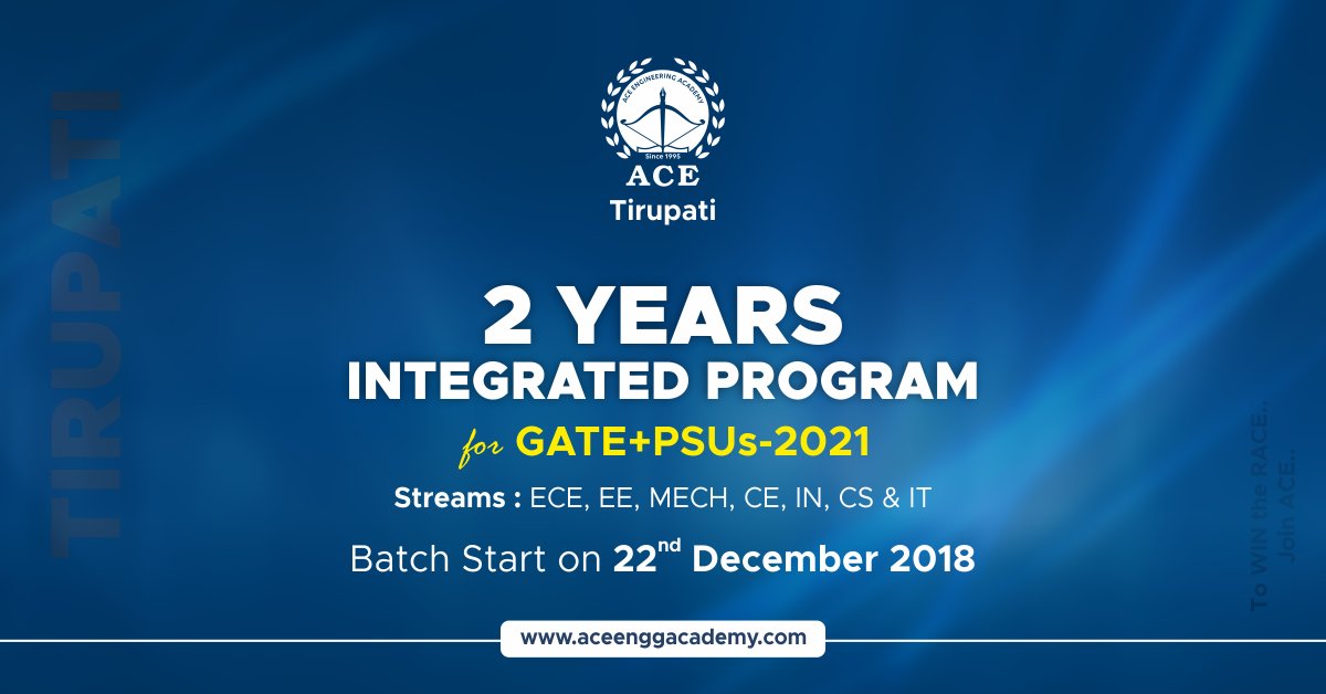 ACE_Enggacademy's tweet photo. #acetirupati has announced 2 Years Program for GATE + PSUs – 2021, Register Early & Get Early Bird Discount 5000. Enroll Now : https://t.co/7fapRhBwOK
☎ 0877-2244388, 9341499966
#aceacademy #gateclassroomcoaching #gateclasses #gatebooks #gatetestseries #gate2020 #gate2021 #gate https://t.co/xbAMnPozi8