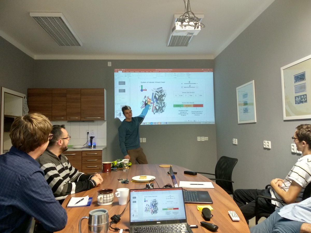 BioED_IPE's tweet photo. Jiri delivered an exciting #molecular dynamics #simulation focused #research talk about how pulsed #electric field can affect #kinesin #tubulin interaction. #bioelectrics #nanomotors @BiophysicalSoc @BioElectroMag @FScholkmann https://t.co/z8NZUmPl5Y