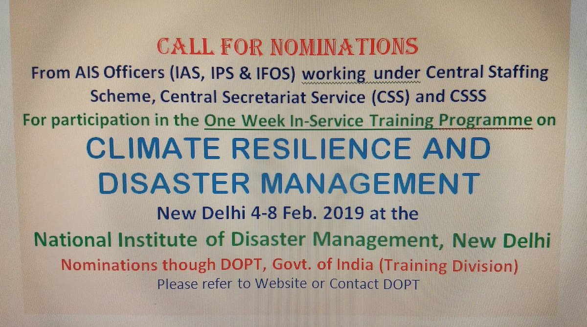 Call for nominations from All India Service Officers for National Programme <a href="/GEAG_India/">GEAG</a> <a href="/PMOIndia/">PMO India</a> <a href="/ndmaindia/">NDMA India | राष्ट्रीय आपदा प्रबंधन प्राधिकरण 🇮🇳</a> <a href="/NITIAayog/">NITI Aayog</a> <a href="/unisdr/">unisdr</a> <a href="/HMOIndia/">गृहमंत्री कार्यालय, HMO India</a> <a href="/rajnathsingh/">Rajnath Singh</a> <a href="/KirenRijiju/">Kiren Rijiju</a>