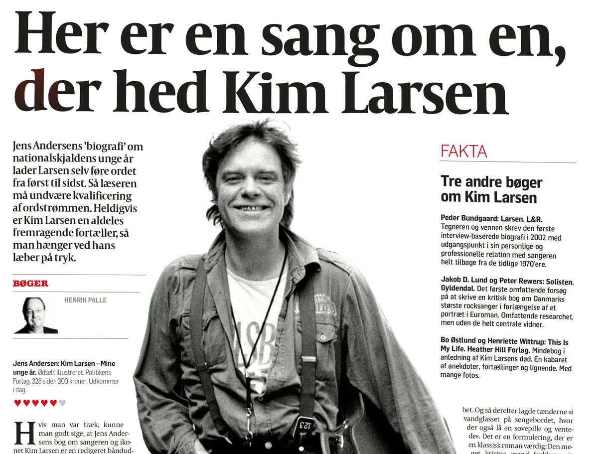 bognu's tweet photo. 5 hjerter i Politiken og derudover kun top-anmeldelser til "Kim Larsen - Mine unge år" af Jens Andersen. @PolForlag #bedstebognu https://t.co/sCSWxdI4q2 https://t.co/z5Zc4azLDz