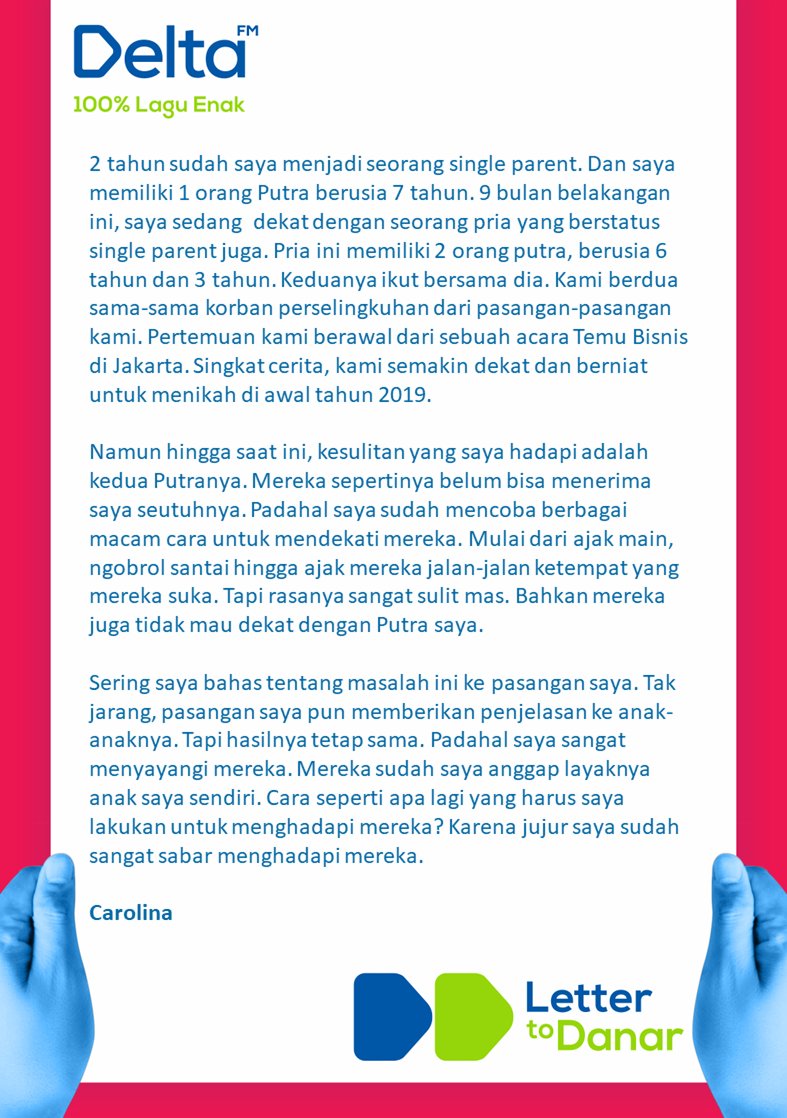 Sobat Delta, Jam 21:00 nanti <a href="/danargumilang/">danar gumilang</a> akan bacain suratnya Carolina yang masuk ke #LetterToDanar. 
Yuk ikutan kasih saran/opini buat temen kita ini. 
Telp (021)72784618 – 72800886.
WhatsApp : 0822-60000-991.
Streaming : streaming.deltafm.net