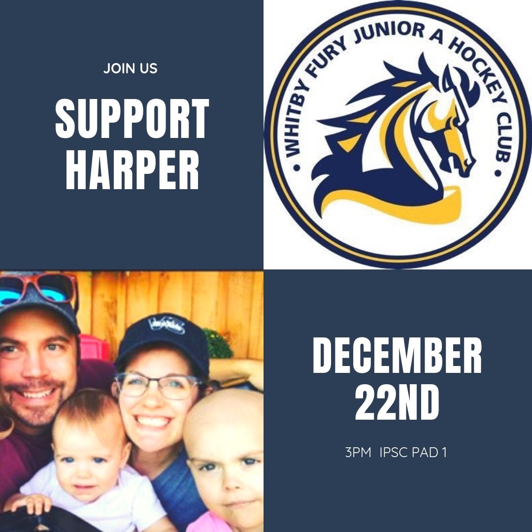 WhitbyHockey's tweet photo. On Sat Dec 22nd, the @WhitbyFuryJrA will be dedicating their game to Harper Friel and family. All tickets are $10.  A silent auction will also be held.  More details: https://t.co/wAZ01FIbxO https://t.co/VrQ2rx17MV