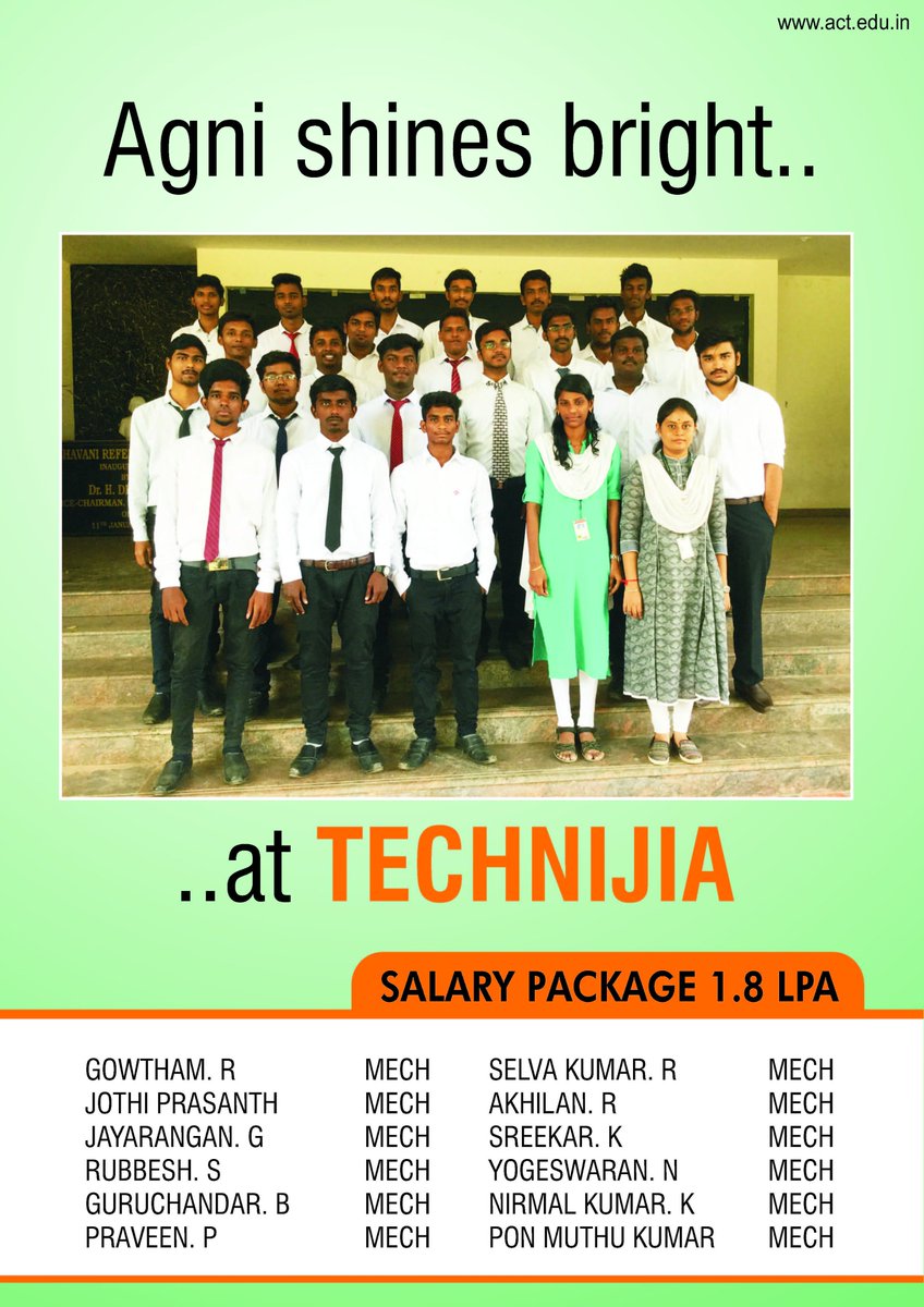ActAgni's tweet photo. Students of ACT got placed in Technijia .Congrats! #Agni #placement #campus #placement2018 #agnicampus #industries #training https://t.co/DRNccqfYm1 https://t.co/K4lEbep1w1
