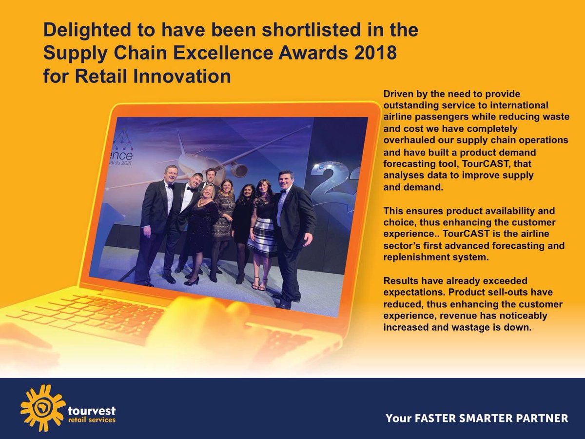 TourvestRS's tweet photo. We are delighted to have been shortlisted in the #supplychainexcellenceawards in the Retail Innovation category. Driven by the need to reduce waste and cost for our airline customers we have built a forecasting tool, TourCAST, that analyses data to improve supply and demand https://t.co/IXgtgN8uvo