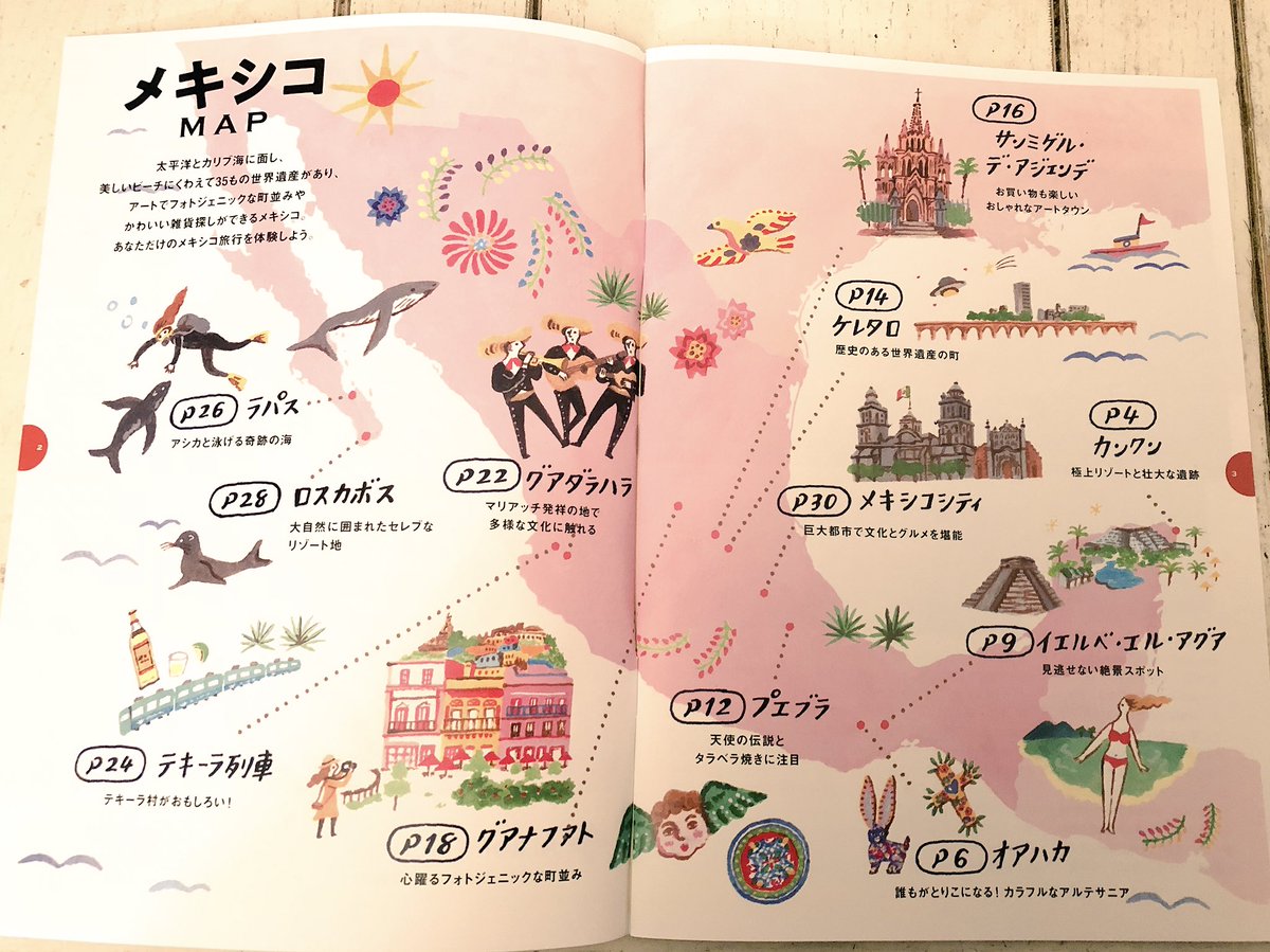 フランスガム V Twitter メキシコtravel Guideという冊子 目次のイラスト描かせて頂いています こちらはアエロメヒコ メキシコ観光局で配布されるもののよう とてもかわいらしいガイドブックです