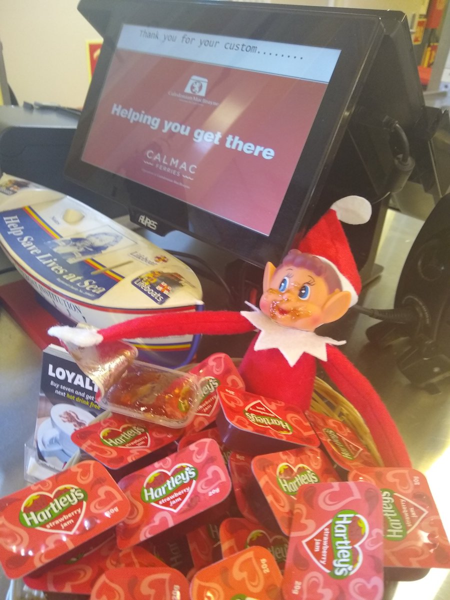 1weeElfy's tweet photo. Mv Isle of Arran has a new member of crew... Keep eye out for him if traveling... Last seen eating jam in the Mariners @CalMac_Updates @CalMacFerries #Christmas  #elfontheshelf2018 https://t.co/VaQDk3gu14