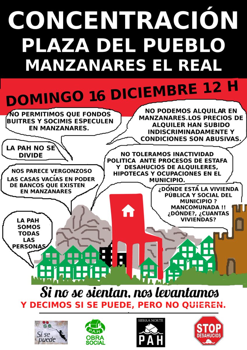 Concentración. 16 de diciembre a las 12:00h en Manzanares El Real. Diremos alto y claro que: Queremos un ayuntamiento que esté a favor de sus vecinas y vecinos; que la vivienda es una necesidad y no un producto de mercado; que Manzanares necesita políticas sociales reales.