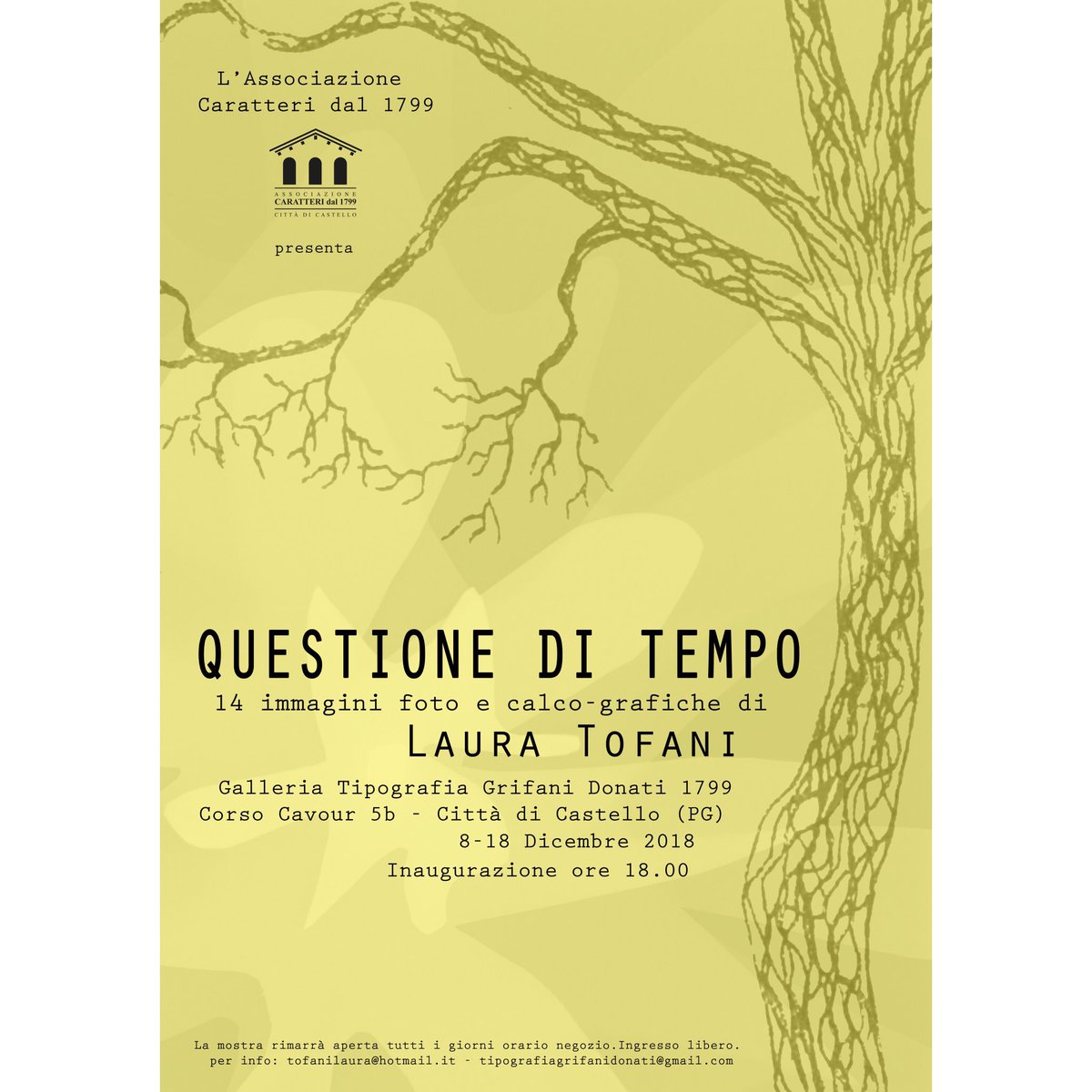 Tipografia_GD's tweet photo. ’Associazione “Caratteri dal 1799” ha il piacere di invitarvi all’inaugurazione della mostra “Questione di tempo” di Laura Tofani presso la Galleria Tipografia Grifani Donati 1799 in Corso Cavour, 5b di Città di Castello (PG). L’inaugurazione 8 Dicembre alle ore 18:00. https://t.co/vCKoMJ4mFd