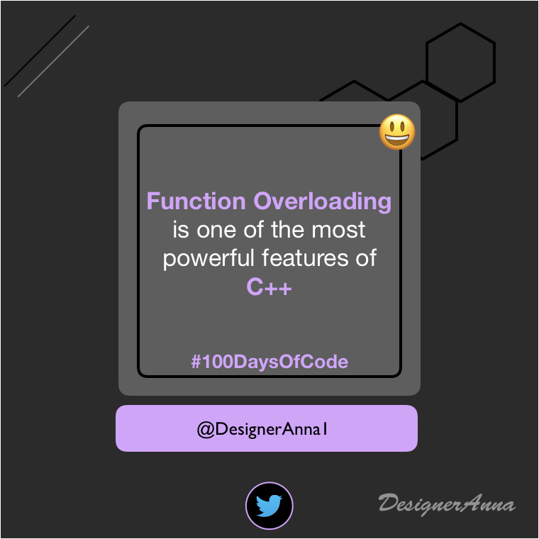 DesignerAnna1's tweet image. #FunctionOverloading is one of the most #powerful features of #C++
#TechTuesday 
#Coding
#CodingVibes
#100DaysOfCode