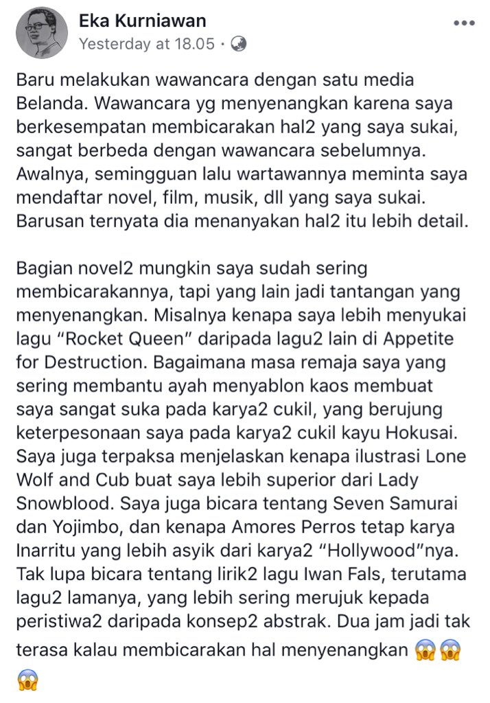 Rekomendasi musik dan film dari Eka Kurniawan. #StatusEka