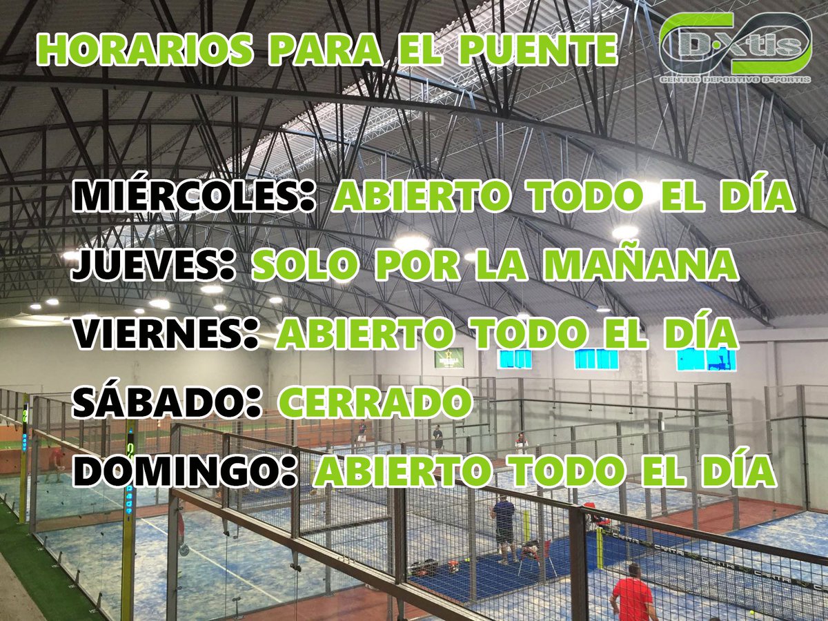 centro_dxtis's tweet photo. ➡️ HORARIOS PARA EL PUENTE DE DICIEMBRE ⬅️

Prepárate para disfrutar del mejor #padel y #fútbol indoor esta semana. 😊

Miércoles: abierto todo el día.
Jueves: solo por la mañana.
Viernes: abierto todo el día.
Sábado: cerrado.
Domingo: abierto todo el día.

661 17 03 16. 📞 https://t.co/VAGVqTotW1