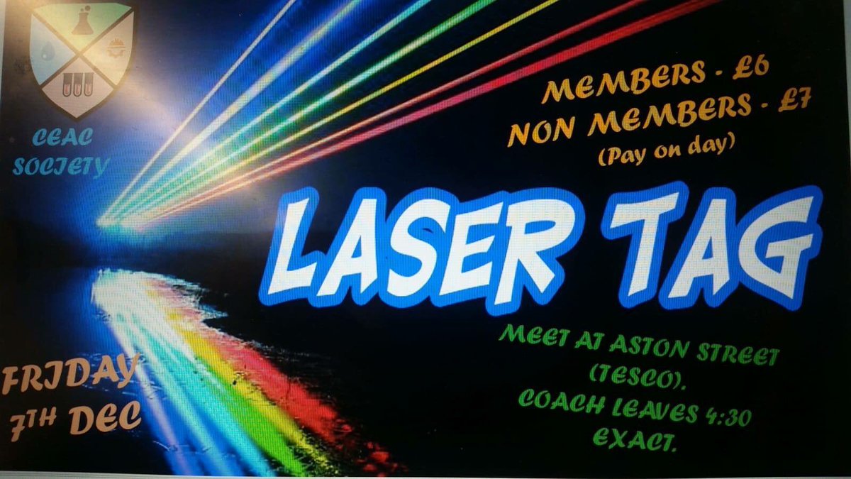 AstonCEAC's tweet photo. CEAC Society are inviting you all to Laser Tag followed by discounted food and drinks at Gosta Green Pub.
Everyone is welcome so invite your friends!
£6 for members, £7 for non-members
(Pay on the day so bring cash)
We will meet outside Tesco Express at 4.15pm https://t.co/Ul3D04Q4IQ