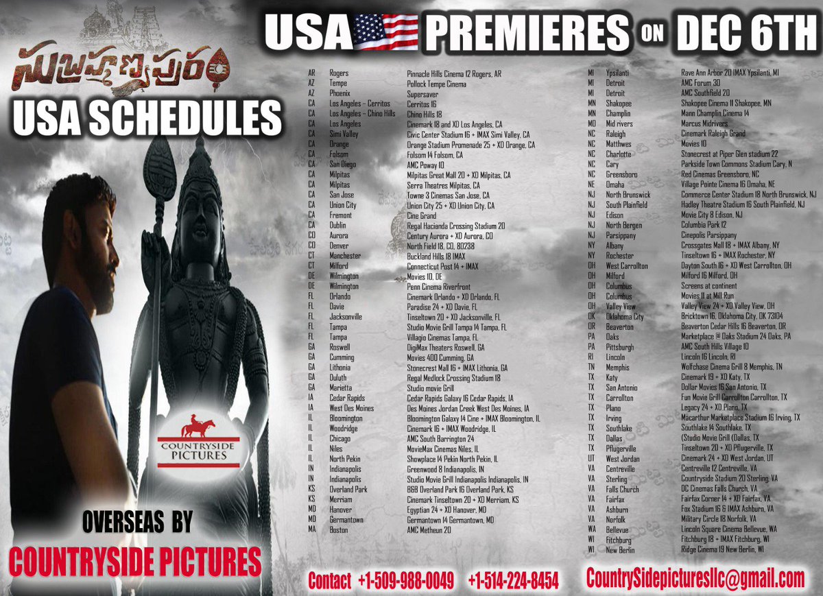 LMKMovieManiac's tweet photo. #Subrahmanyapuram #USA 🇺🇸 Theatre list. USA premieres on Dec 6th, 
releasing in 100+ locations overseas. 

Overseas release by #CountrySidePictures 

@iSumanth @YoursEesha
#SubrahmanyapuramOnDec7th https://t.co/VeCoBoHcP6