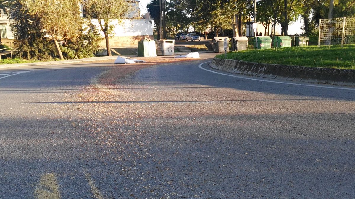 PoliciaCarmona's tweet photo. @PoliciaCarmona y bomberos restablecen el tráfico en la glorieta de la avenida Bonifacio IV tras la caída de la carga de un camión el cual carecía de autorización para realizar el transporte de la misma y de itv. Se inmoviliza el vehículo. https://t.co/Mamn60ha81