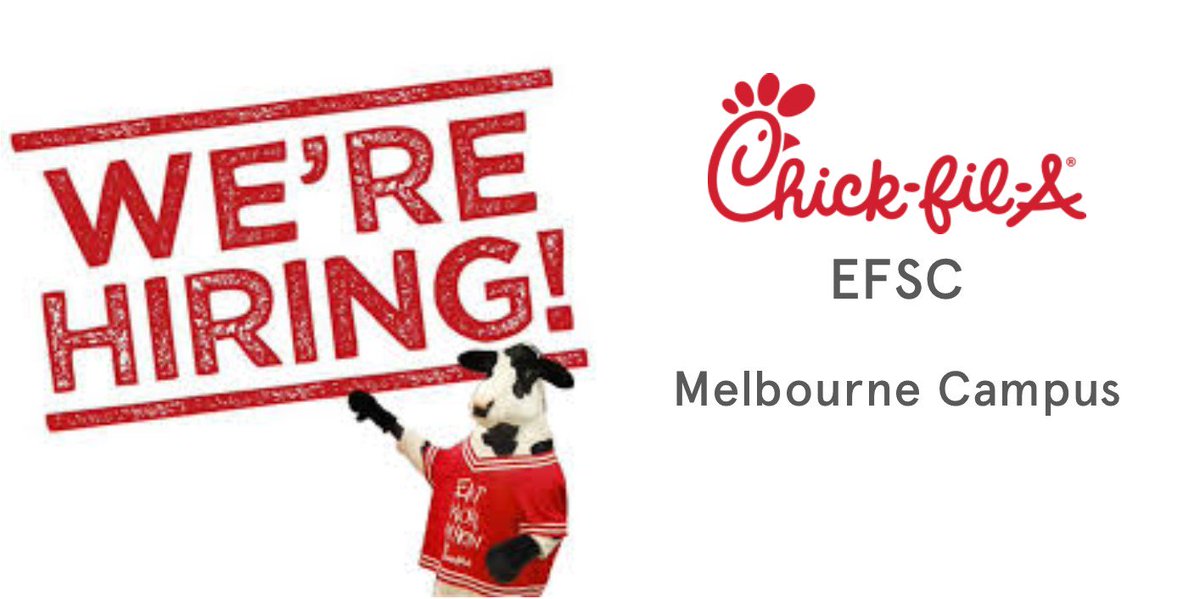 CFAw95's tweet photo. Chick-fil-A EFSC is expanding! We are looking for awesome &amp; remarkable people to work at our EFSC Melbourne Campus! We offer flexible hours &amp; competitive pay. Open interviews every Monday at our Viera location (8300 N Wickham Rd), 3:00p-6:00p or online at https://t.co/OvC2WY63es. https://t.co/3laCxMkFJn