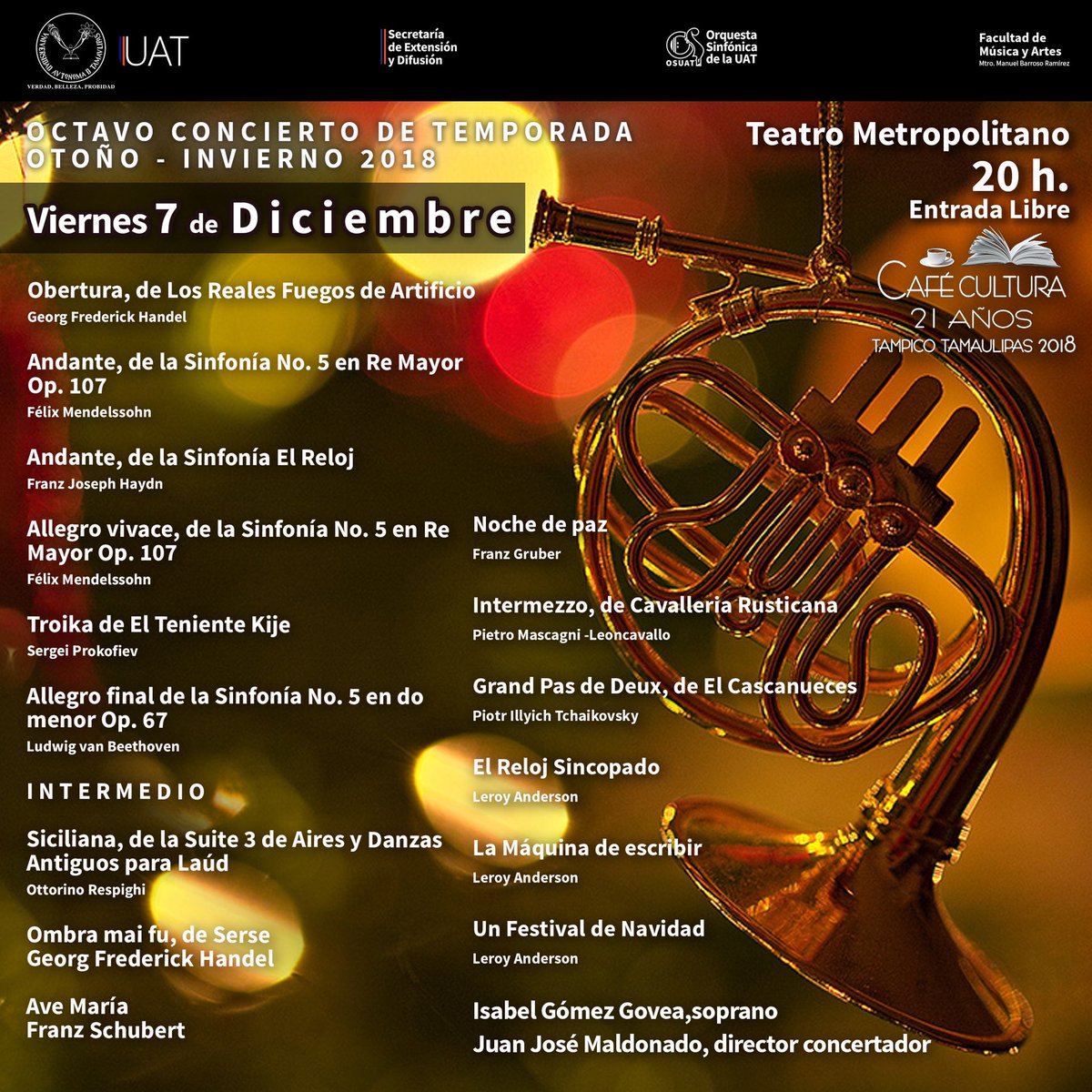 ORQUESTAOSUAT's tweet photo. OSUAT invita a que asistan a su "Concierto Navideño" en @METRO_Tam y a celebrar los 21 años de Café Cultura.
Diciembre 7
20:00 hrs. 
Entrada gratuita. ¡Los esperamos!  
https://t.co/CQJTRtxlk0

@UAT_CUS @CulturaTam @UAT_mx @RadioUAT @TVUAT #Tampico #Madero #Altamira https://t.co/YsVjA3oVjo