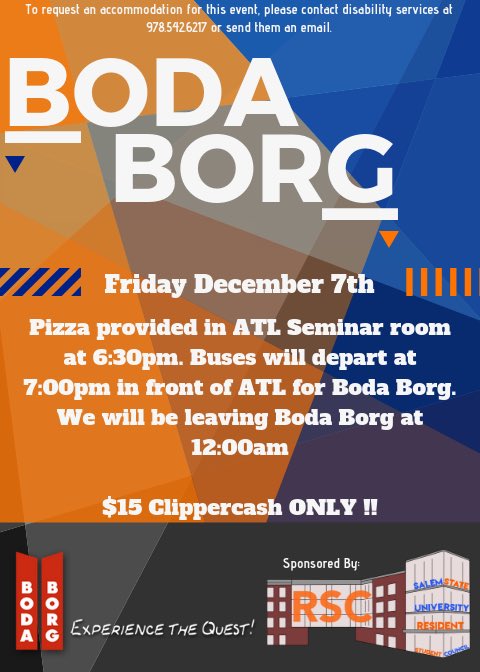 Come to our meeting tonight (6-8pm) in Viking 123 to come sign up for the Boda Borg trip!!!!
