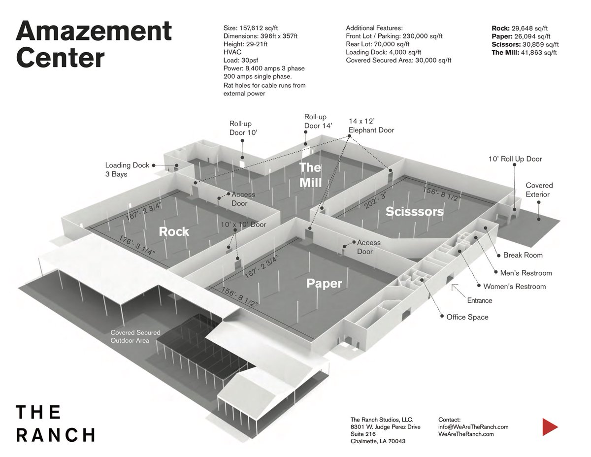 The Amazement Center

Built inside of an old home improvement store, the Amazement Center is the larger of our two stage spaces.

It houses three separate sound stages (Rock, Paper, and Scissors), as well as a designated Mill space for set construction.