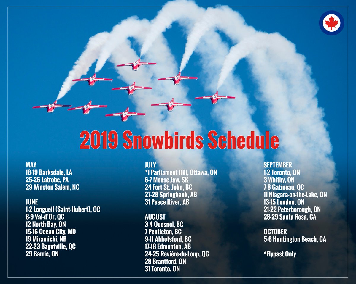 RCAF_ARC's tweet photo. The Snowbirds 2019 Schedule is here! Where will you catch the @CFSnowbirds next season? Leave us a comment below with the show you're most looking forward to! We're looking forward to seeing you at the shows! https://t.co/ai97bS1vEB